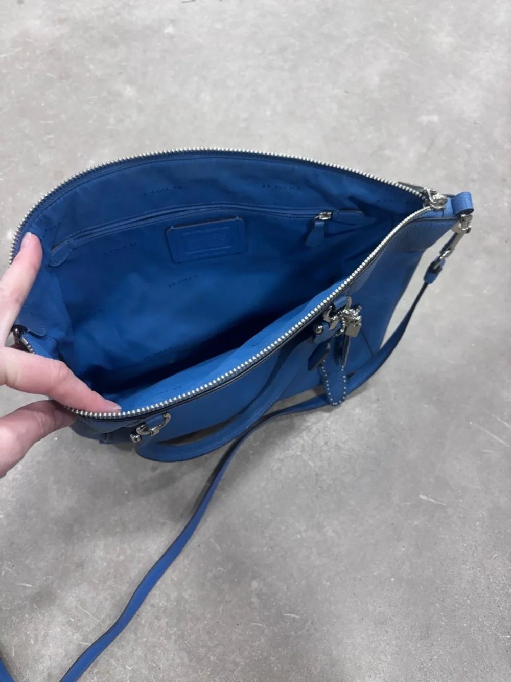 Coach Blue Pebbled Leather Crossbody Satchel with Feather Charm - Picture 2 of 2